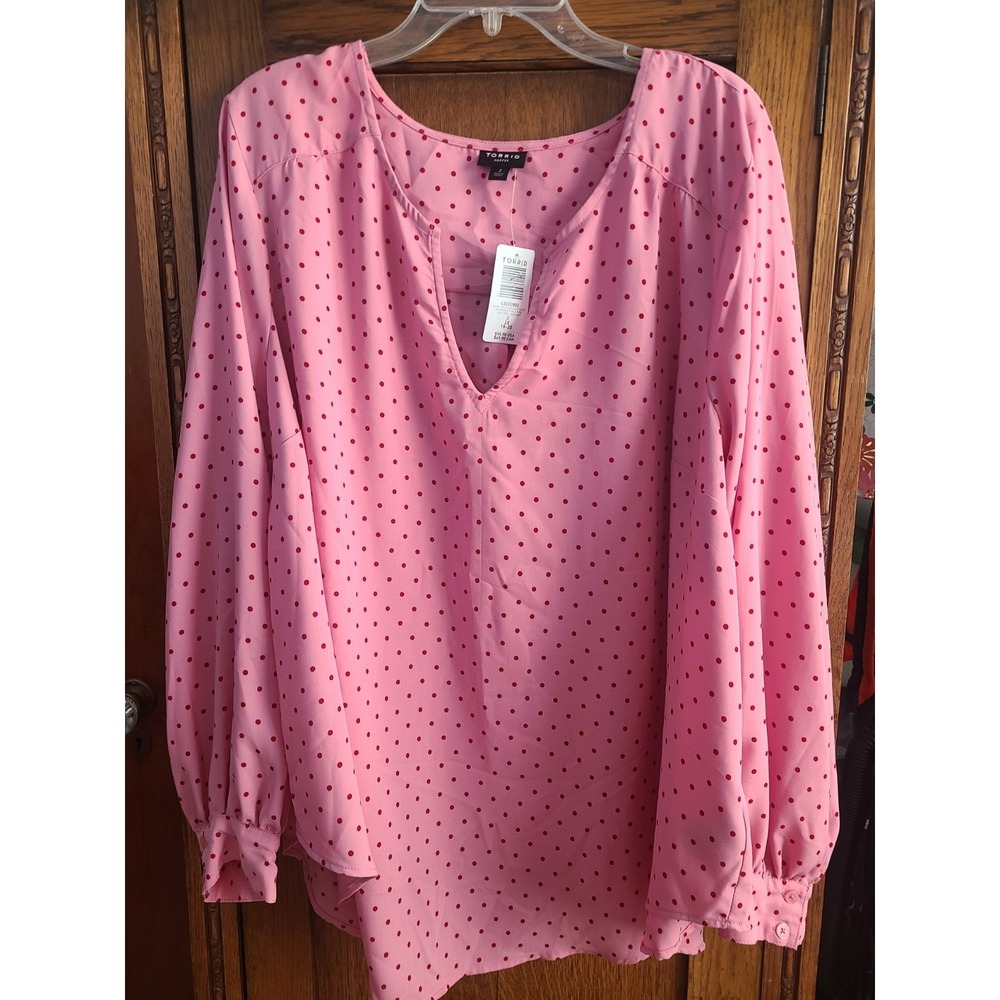Torrid Harper Top 2X Pink Red Polka Dot Challis V-Neck Long Sleeve Blouse NWT